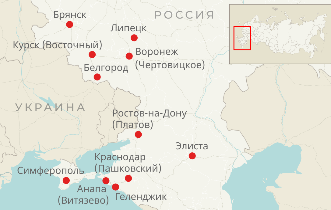 Какие аэропорты закрыты в россии 2024. Аэропорты Юга. Аэропорты Юга России. Аэропорты России на карте. Закрытые аэропорты на юге России.